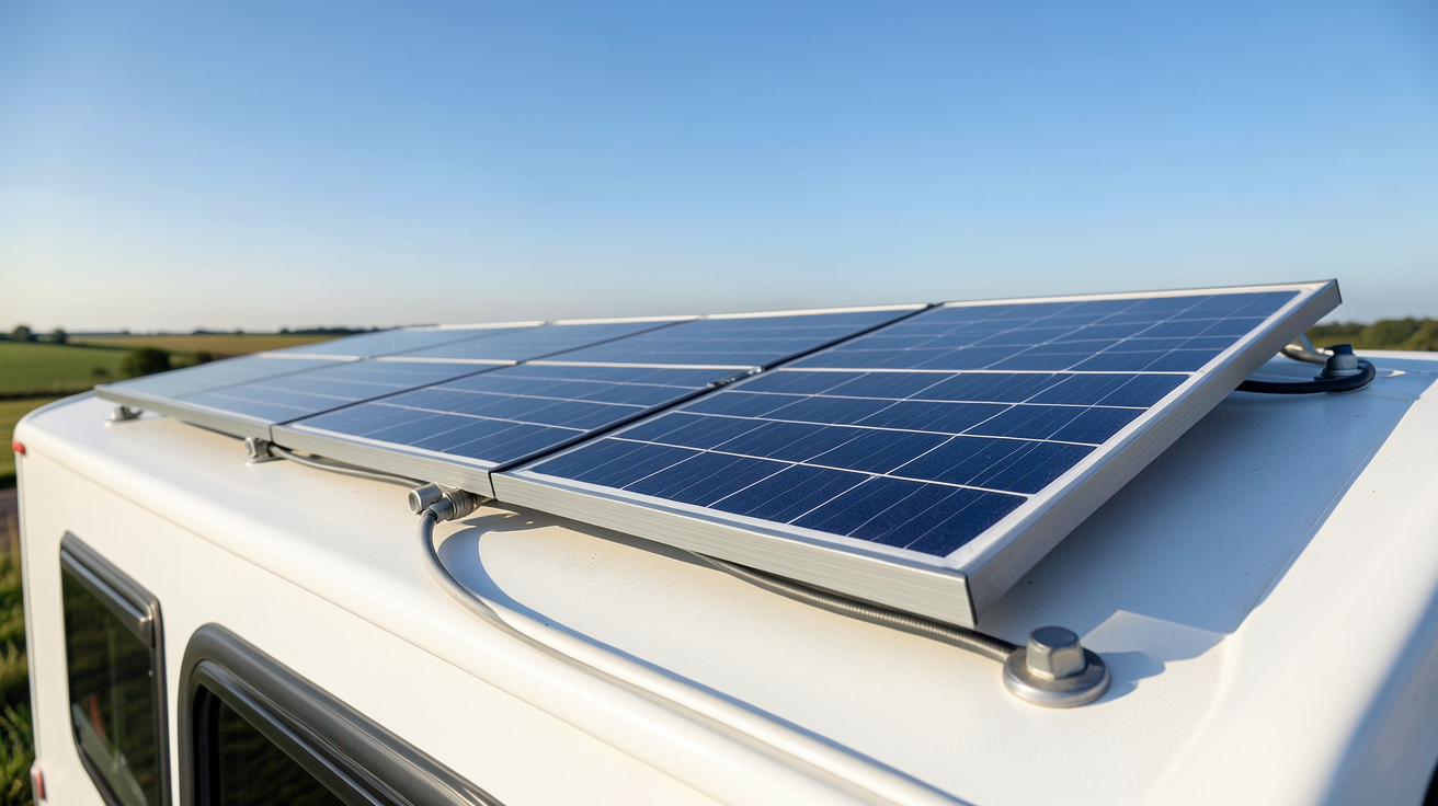 panneau solaire camping car 300w 12v installé sur le toit d'un camping-car moderne