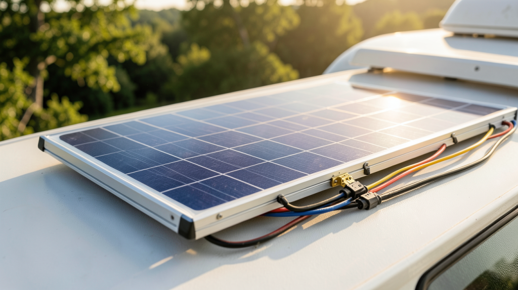 panneau solaire camping car 300w 12v installé sur le toit d'un véhicule de loisirs