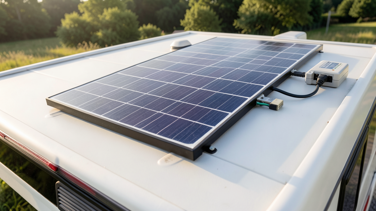 panneau solaire camping car 300w 12v installé sur le toit d'un camping-car moderne