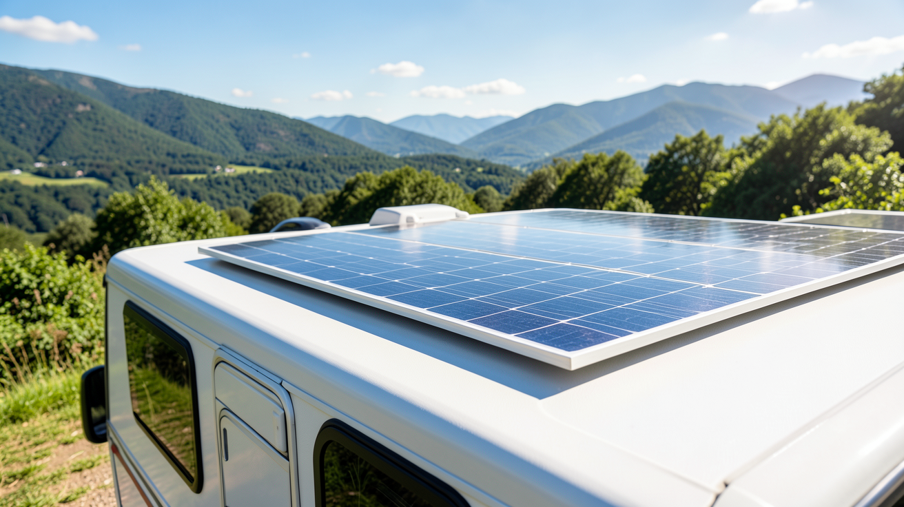 panneau solaire camping car 300w installé sur le toit d'un véhicule de loisirs en pleine nature