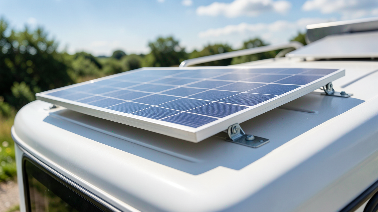 panneau solaire camping car 300w installé sur le toit d'un véhicule de loisirs lors d'une installation
