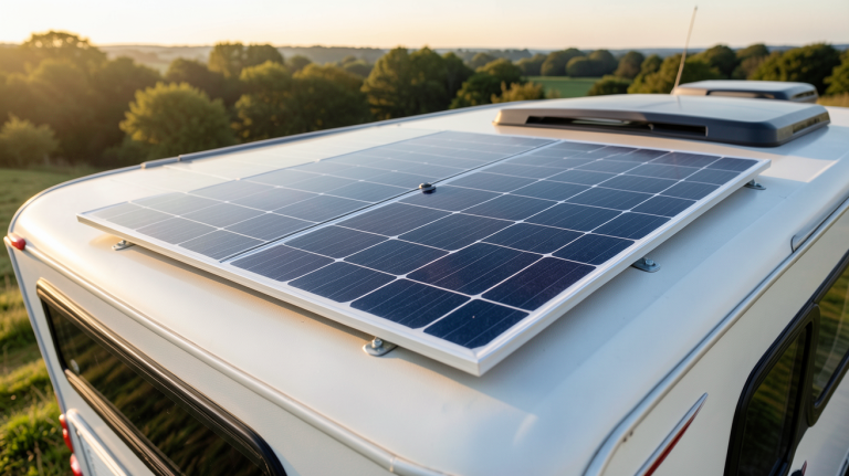 panneau solaire camping car 300w installé sur le toit d'un véhicule de loisirs