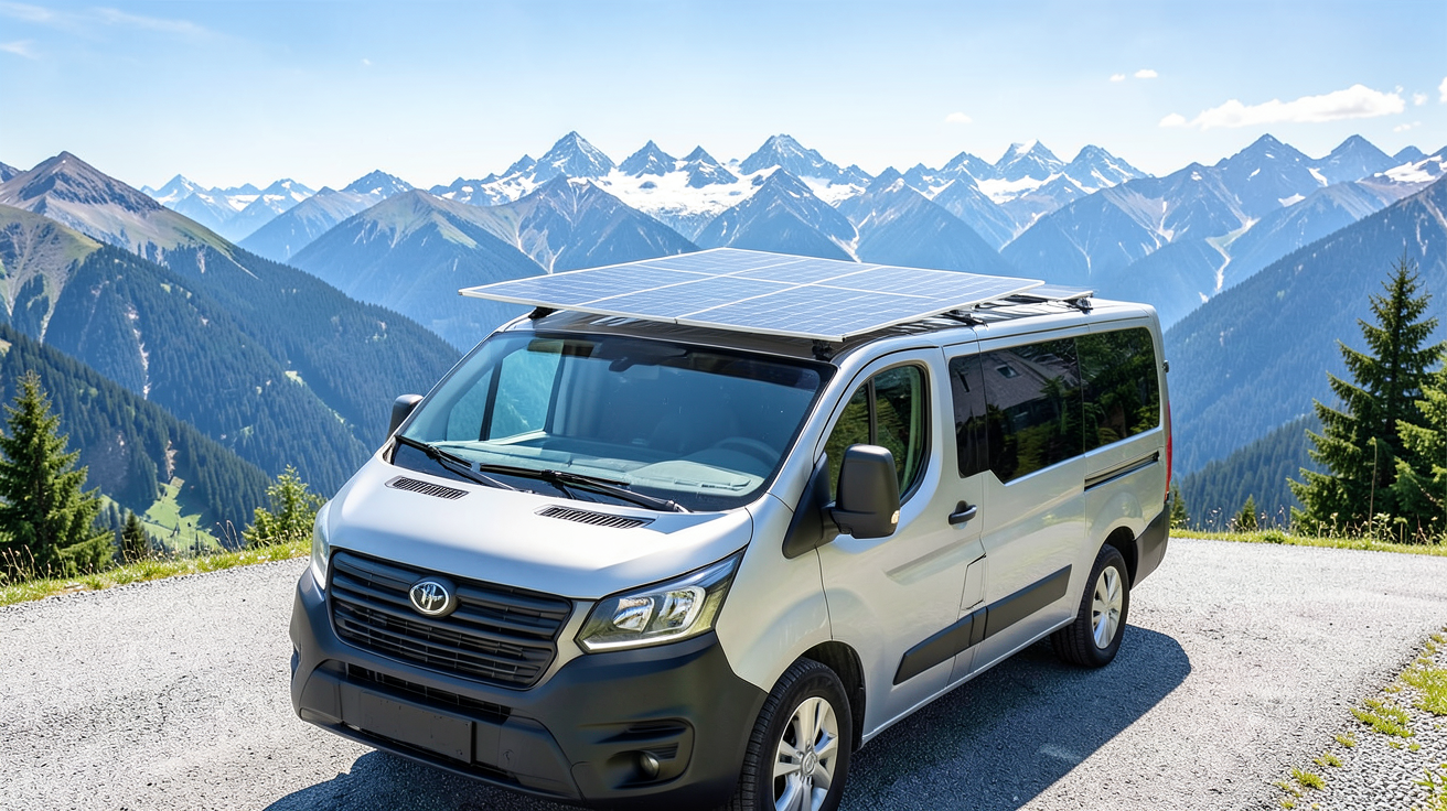 panneau solaire camping car 300w installé sur le toit d'un fourgon aménagé en pleine nature