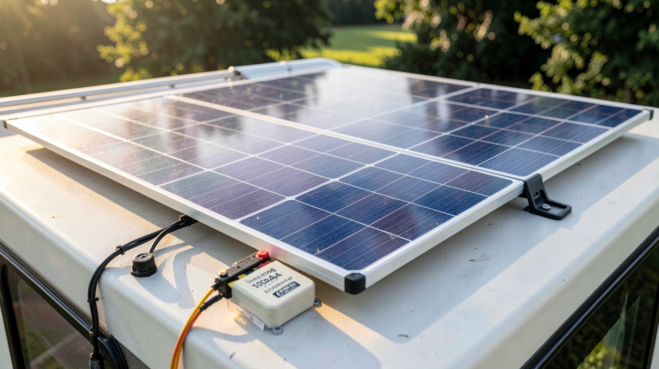 panneau solaire camping car 400w installé sur le toit avec une batterie lithium fer phosphate à l'intérieur