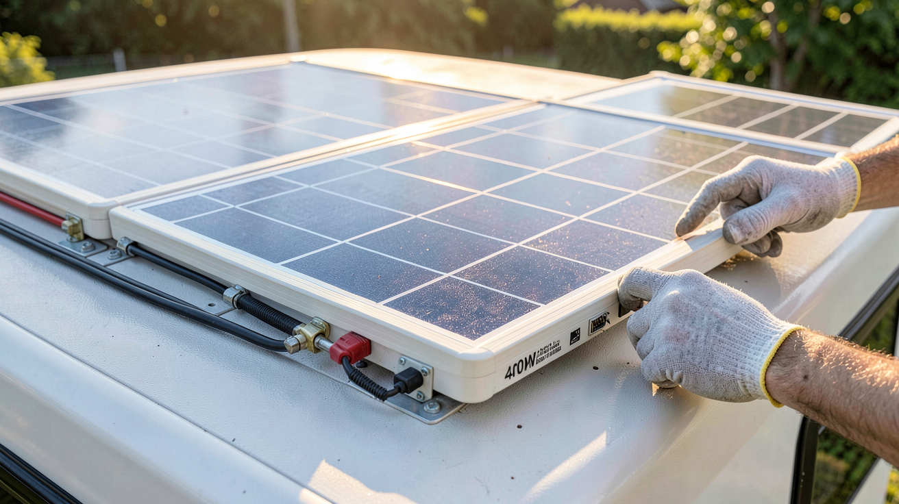 panneau solaire camping car 400w installation guide avec mains ajustant les fixations sur le toit