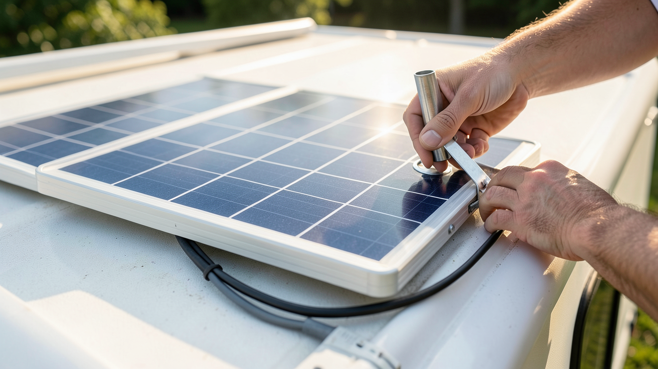 panneau solaire camping car 500w en cours d'installation sur le toit d'un camping-car avec des mains humaines