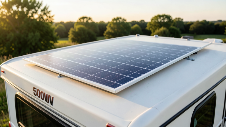 panneau solaire camping car 500w installé sur le toit d'un camping-car moderne