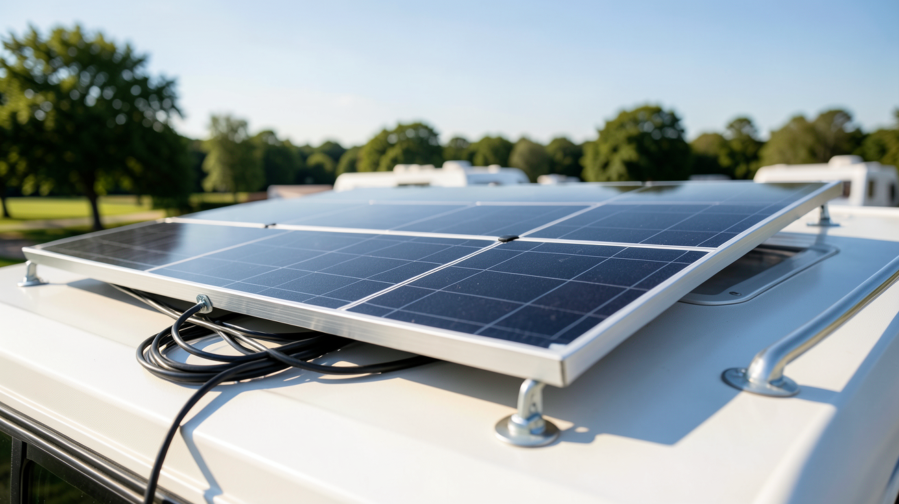 panneau solaire camping car 500w installé sur le toit d'un camping-car avec des fixations en aluminium