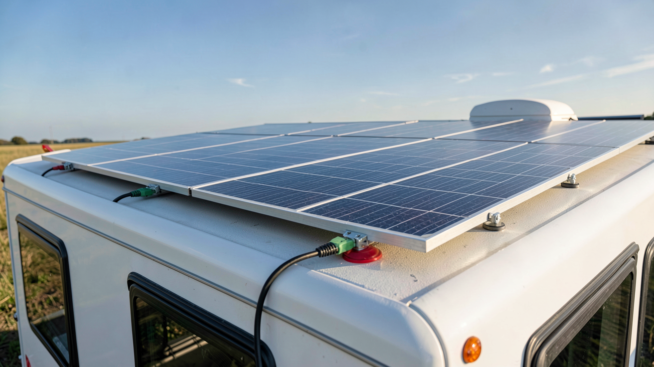 panneau solaire camping car installé sur le toit d'un véhicule, utilisé pour calculer la puissance nécessaire selon la consommation