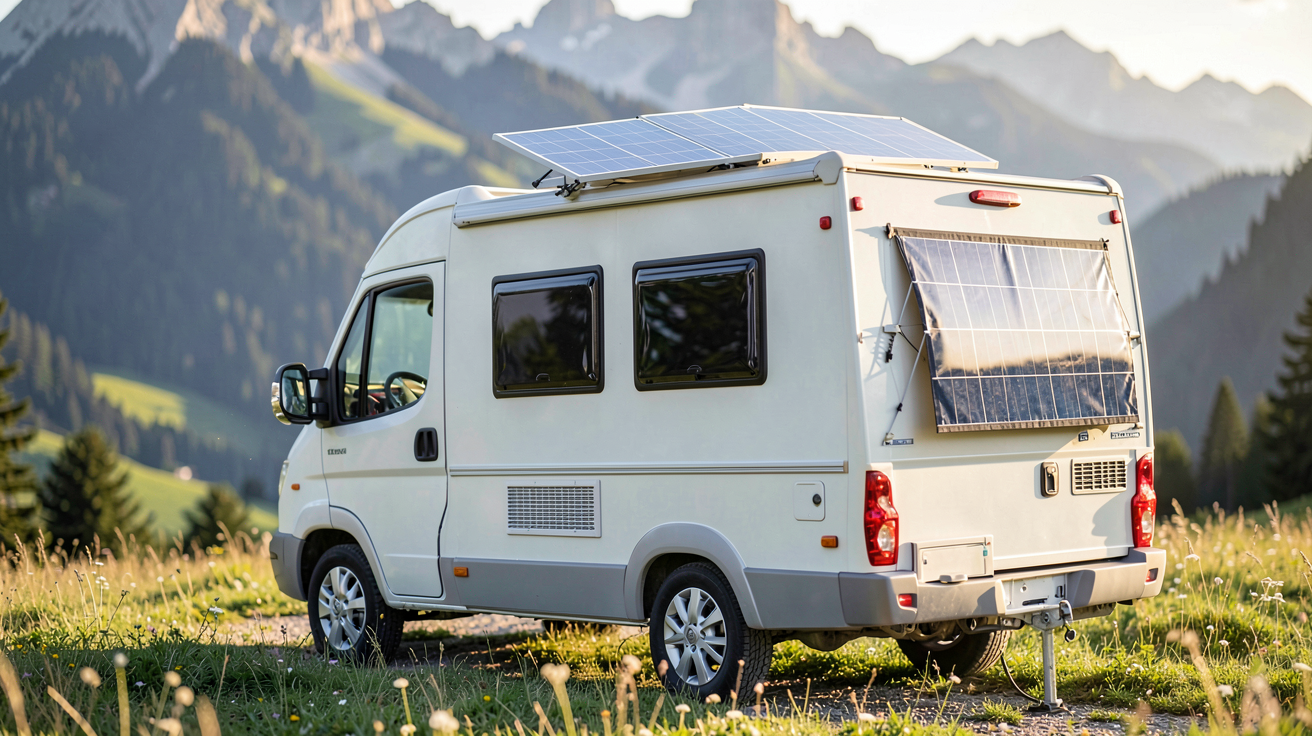 panneau solaire camping car comparatif des types souple vs rigide installé sur un camping-car en montagne