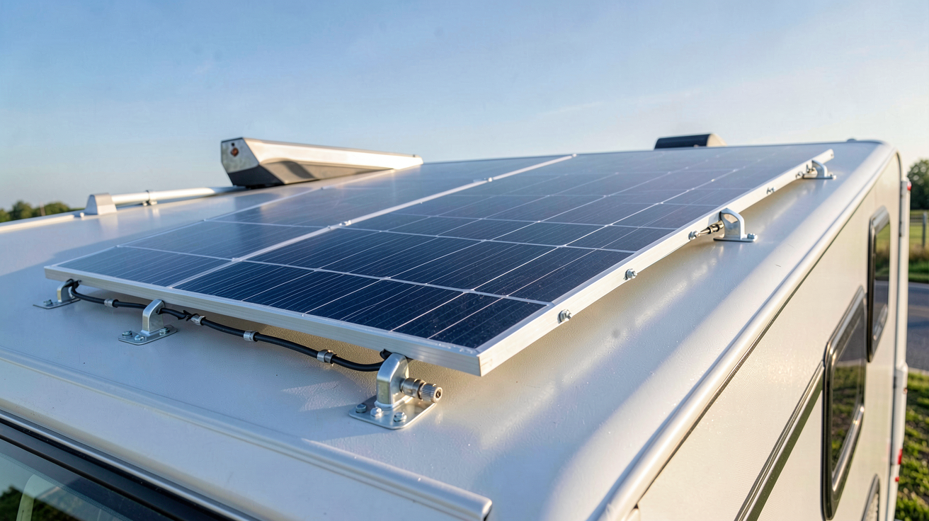 panneau solaire camping car fixé sur le toit d'un camping-car avec supports en aluminium et câbles connectés