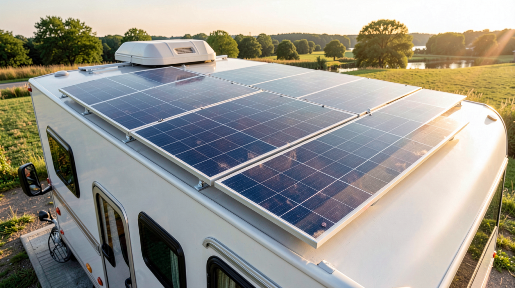 panneau solaire installé sur le toit d'un camping-car moderne