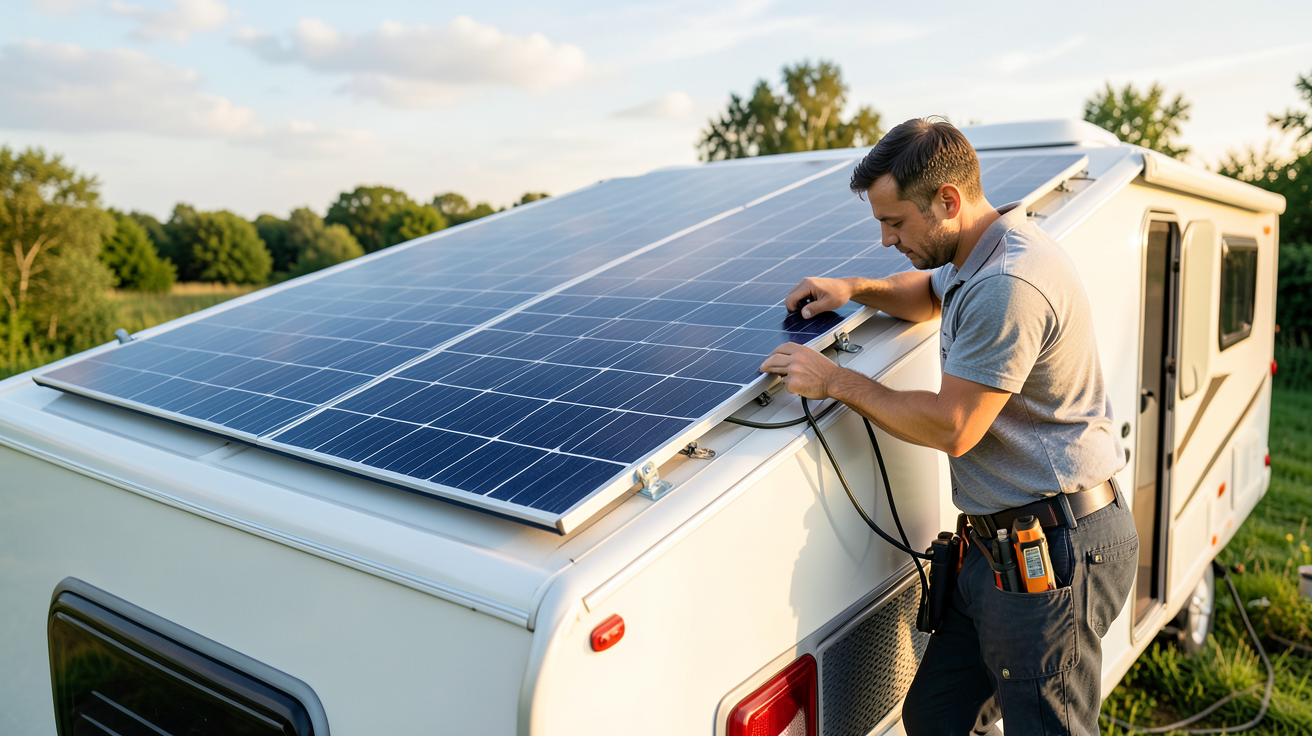 panneau solaire installé sur le toit d'un camping-car avec un installateur en train de fixer les supports