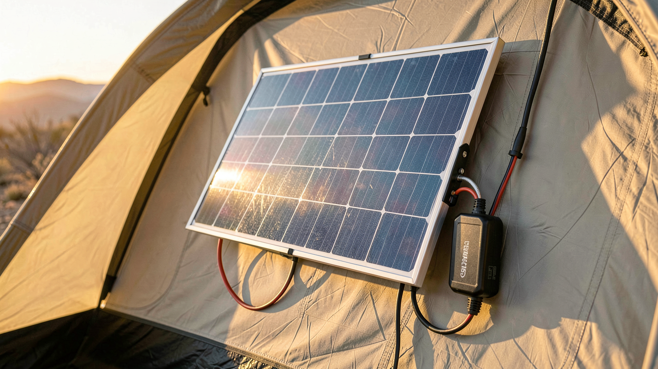 panneau solaire camping tente avec batterie externe installé sur une tente moderne en pleine nature