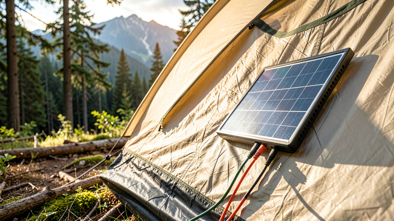 panneau solaire camping tente installé sur la toile d'une tente de camping avec câbles et support, éclairage naturel, vue détaillée de l'installation