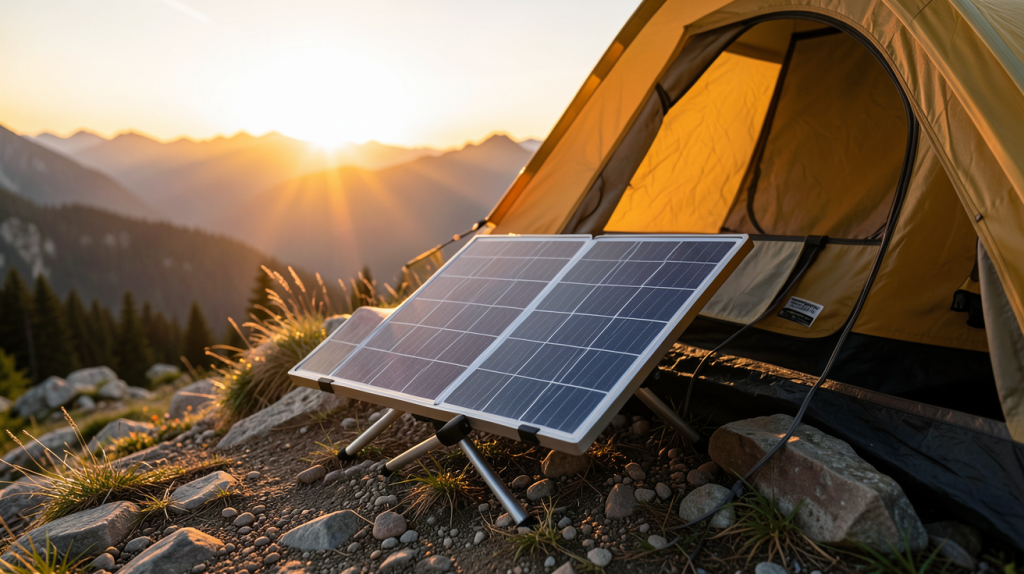 panneau solaire camping installé près d'une tente en montagne au coucher du soleil
