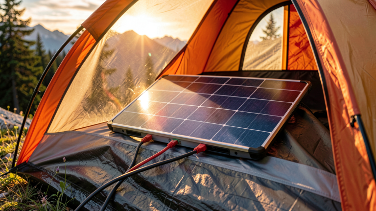 panneau solaire camping tente installé sur une tente de camping en montagne sous un ciel ensoleillé