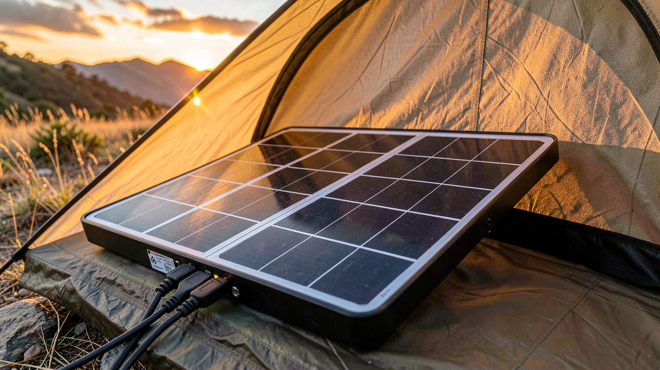 panneau solaire camping tente posé sur une tente de camping en pleine nature