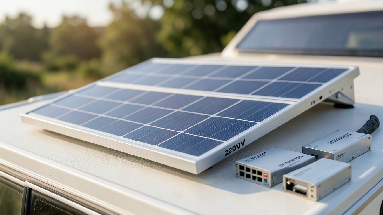 panneau solaire caravane 220v avec batteries lithium-ion externes posées sur une surface plane