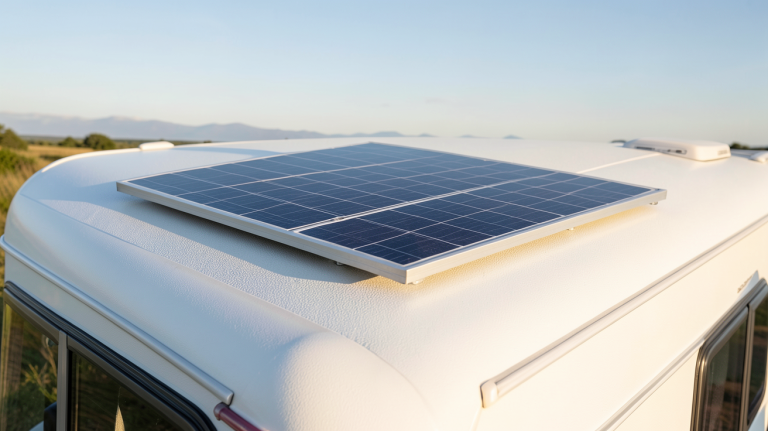 panneau solaire caravane 220v installé sur le toit d'une caravane moderne
