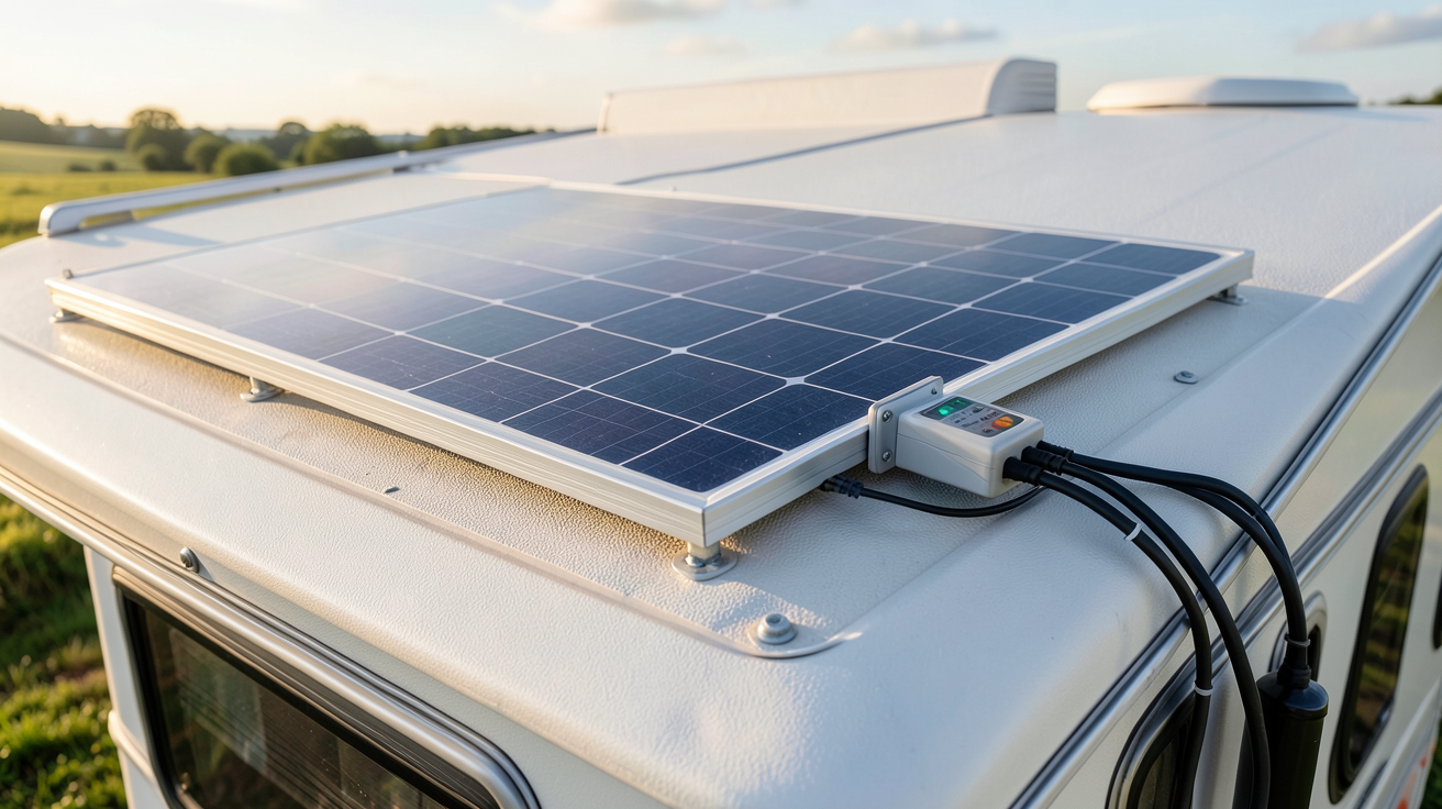 panneau solaire caravane 220v installé sur le toit d'une caravane avec câbles et boîtier de contrôle