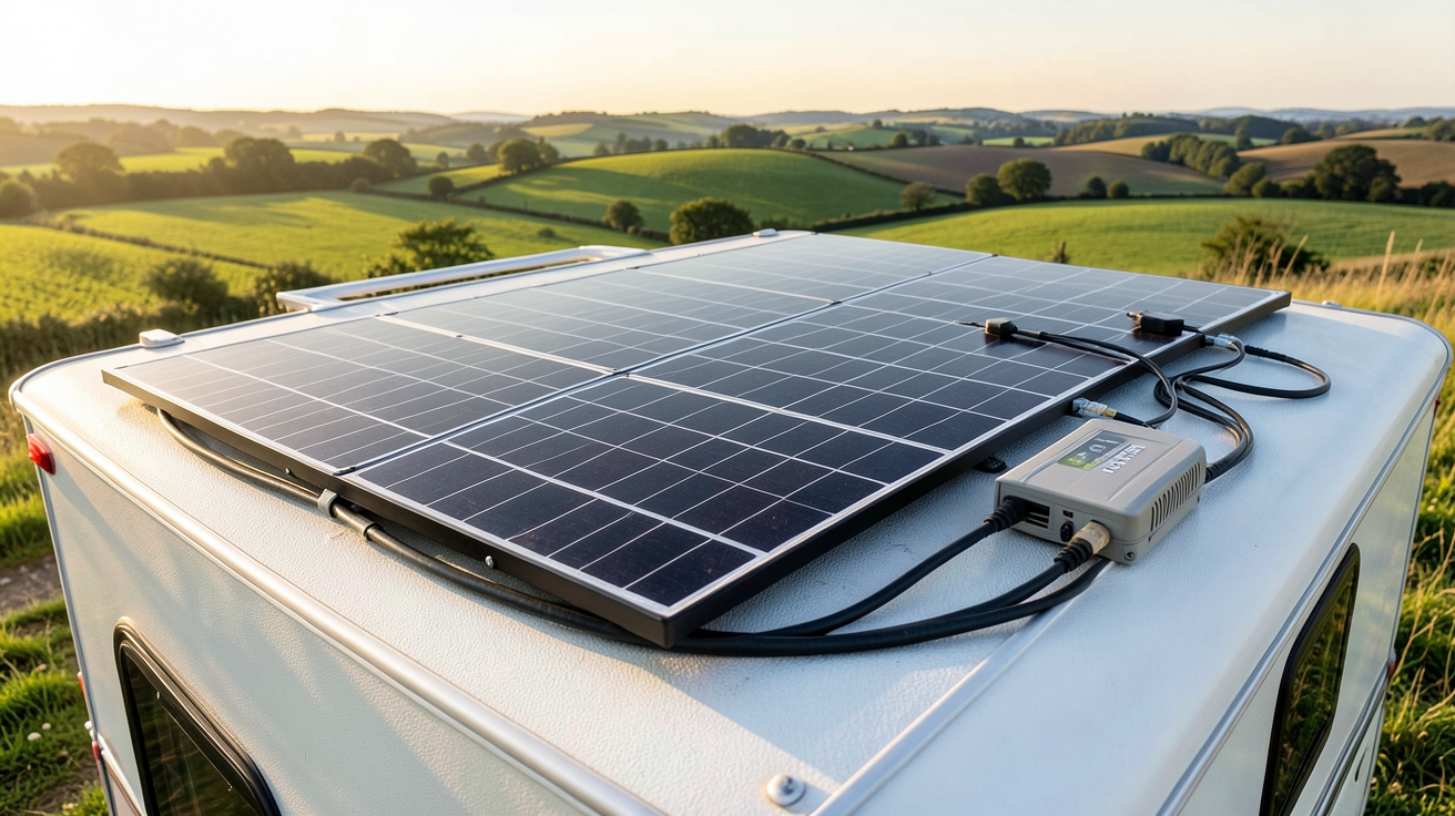 panneau solaire caravane 220v kit complet installé sur le toit d'une caravane moderne