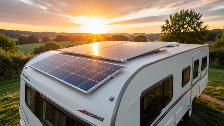 panneau solaire installé sur le toit d'une caravane moderne en camping