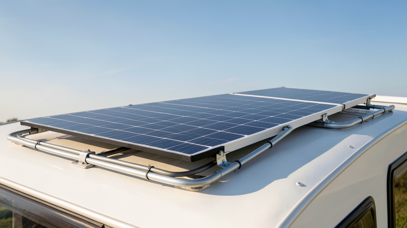 panneau solaire installé sur le toit d'une caravane moderne avec des fixations visibles