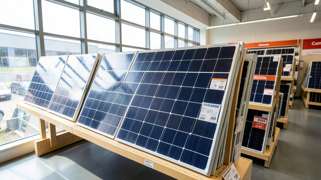 panneau solaire Castorama exposé en magasin avec étiquettes de prix et fiches techniques