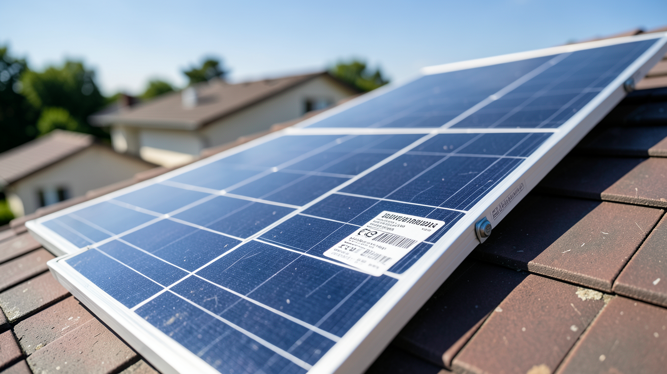panneau solaire Castorama avec étiquette technique visible sur un toit de maison