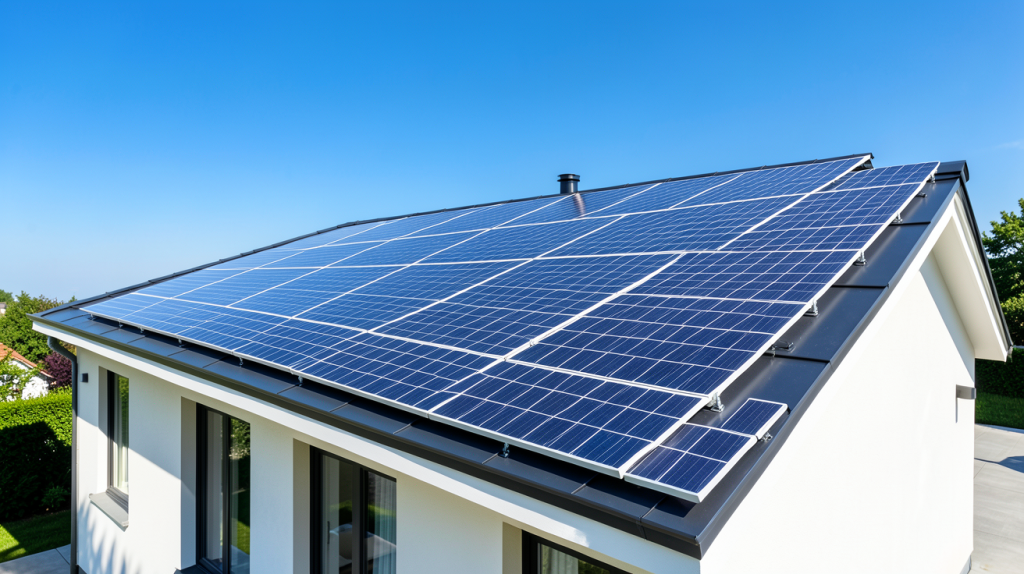 panneau solaire castorama installé sur la toiture d'une maison moderne et lumineuse