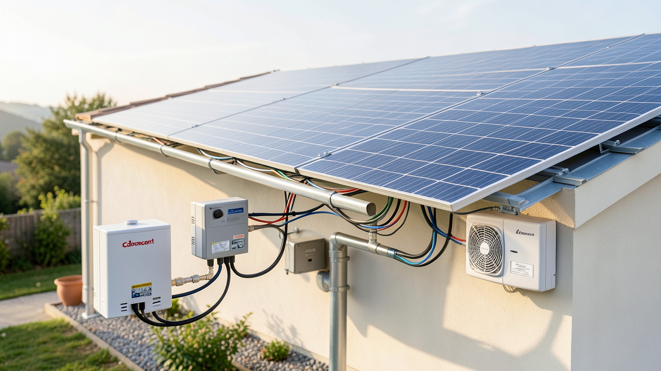 panneau solaire Cdiscount dans un schéma de raccordement électrique complet vers régulateur, batterie, onduleur et tableau électrique