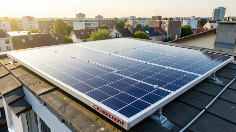 panneau solaire Cdiscount installé sur le toit d'une maison en milieu urbain