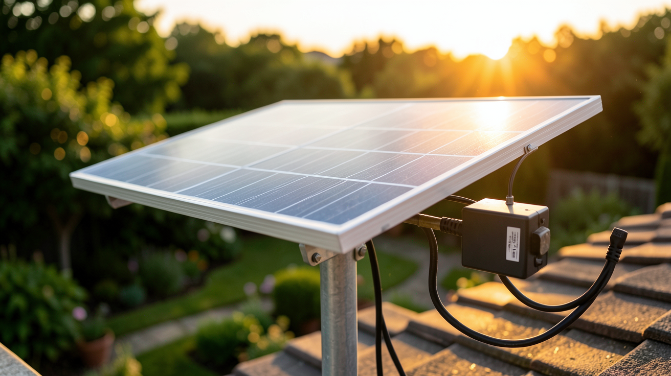 panneau solaire charge batterie lithium-ion installée en extérieur avec câbles de connexion