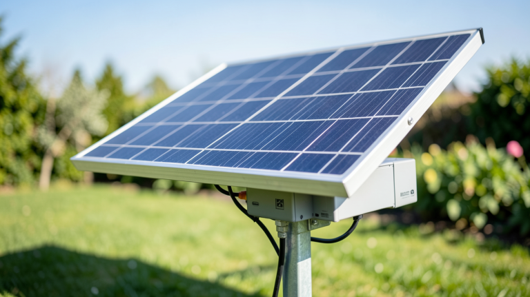 panneau solaire charge batterie installé à l'extérieur sur un support métallique dans un jardin ensoleillé