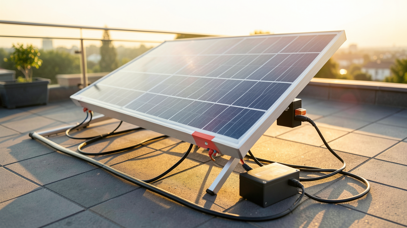panneau solaire chargeur connecté à une batterie externe sur une terrasse ensoleillée