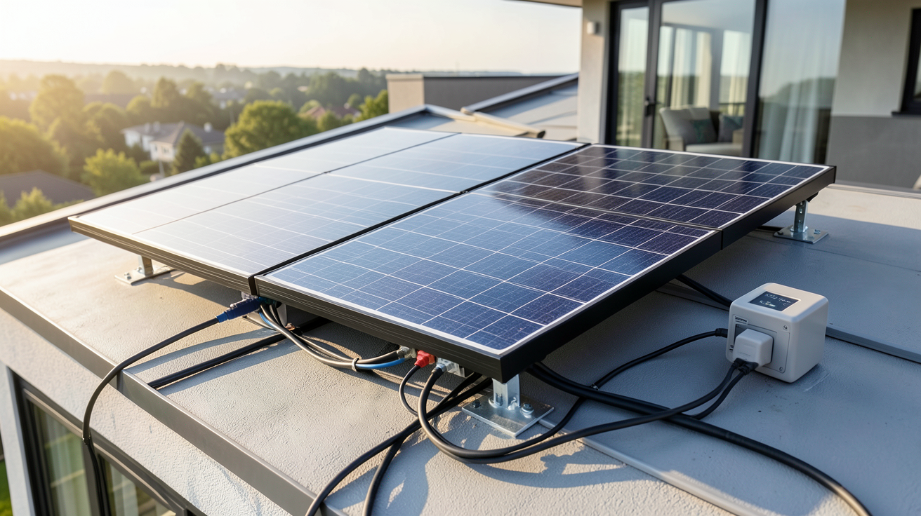 panneau solaire chargeur installé sur le toit d'une maison moderne avec câbles et batterie de stockage