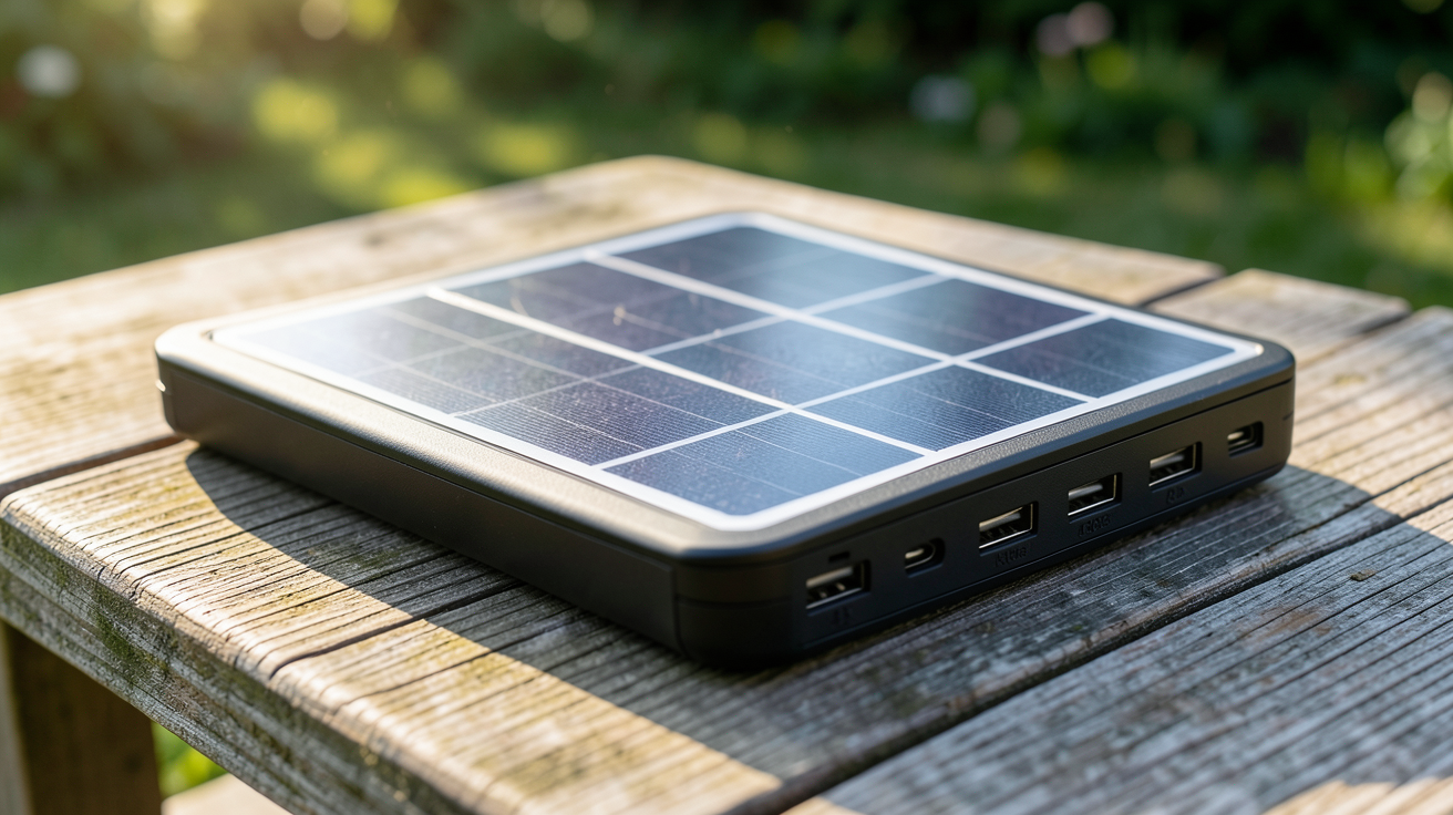 panneau solaire chargeur portable posé sur une table en bois extérieur, idéal pour les comparatifs 2024