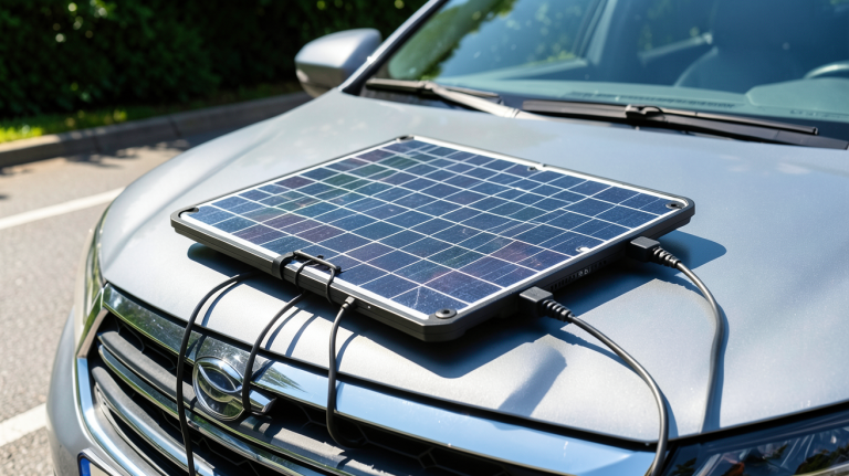 panneau solaire chargeur de voiture électrique posé sur le capot d'une voiture électrique en plein soleil