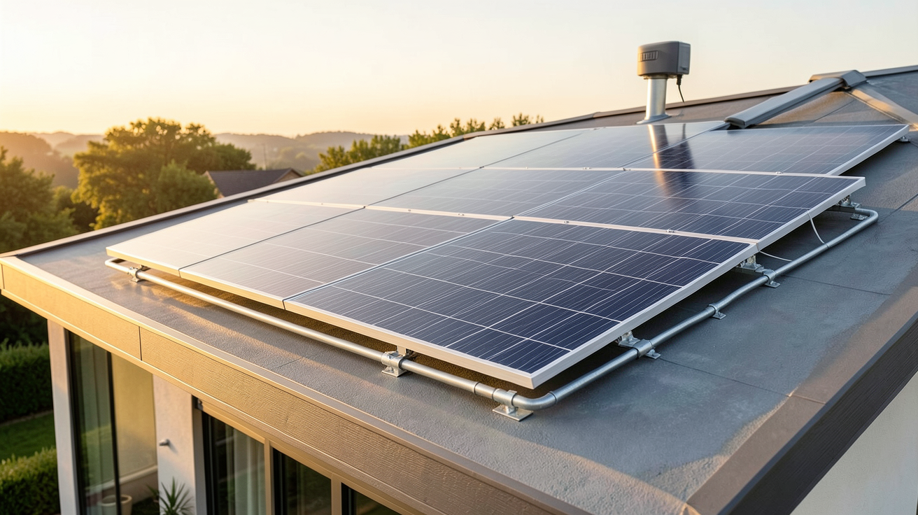 panneau solaire chauffage installé sur le toit d'une maison moderne avec vue sur le ciel