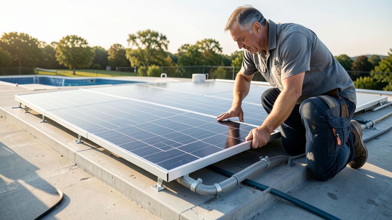 panneau solaire chauffage piscine : professionnel installant un panneau solaire thermique sur un toit plat pour chauffer une piscine