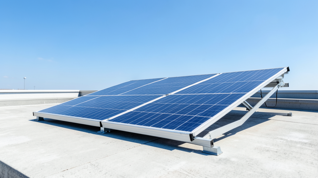 panneau solaire chauffage piscine installé sur un toit plat sous un ciel bleu estival