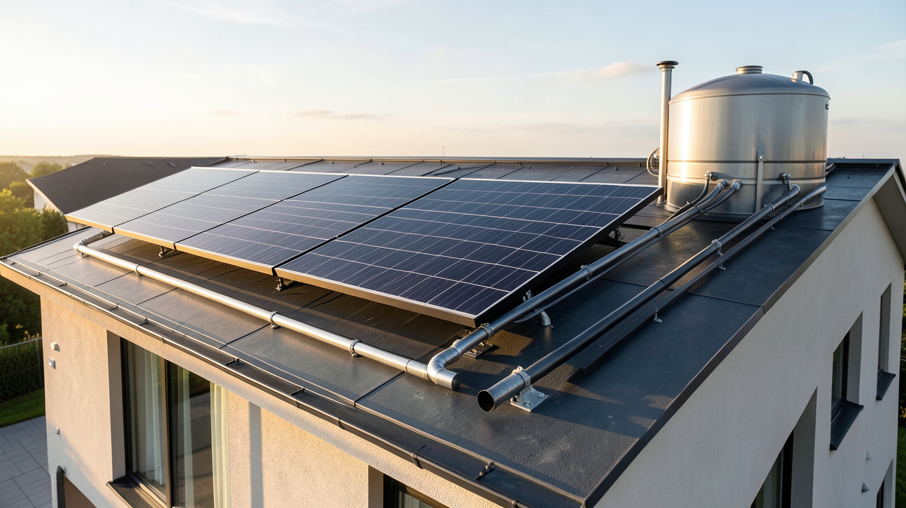 panneau solaire chauffage système thermique installé sur le toit d'une maison moderne