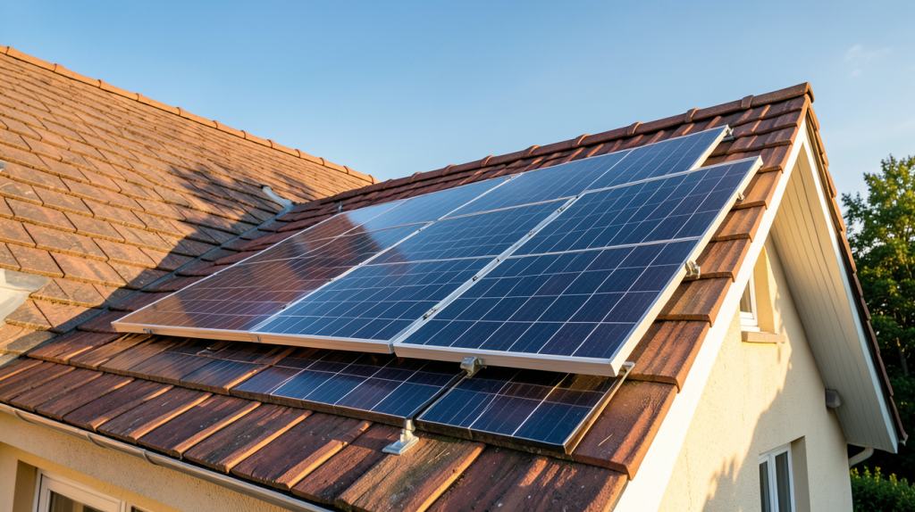 panneau solaire chauffage installé sur le toit d'une maison en été avec un ciel bleu