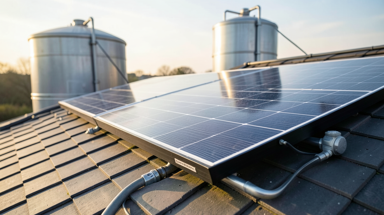 panneau solaire chauffe eau thermique installé sur un toit avec ballon de stockage d'eau chaude en arrière-plan
