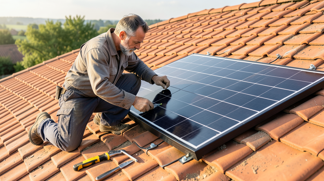 panneau solaire chauffe eau installation étape par étape artisan ajustant fixations sur toit