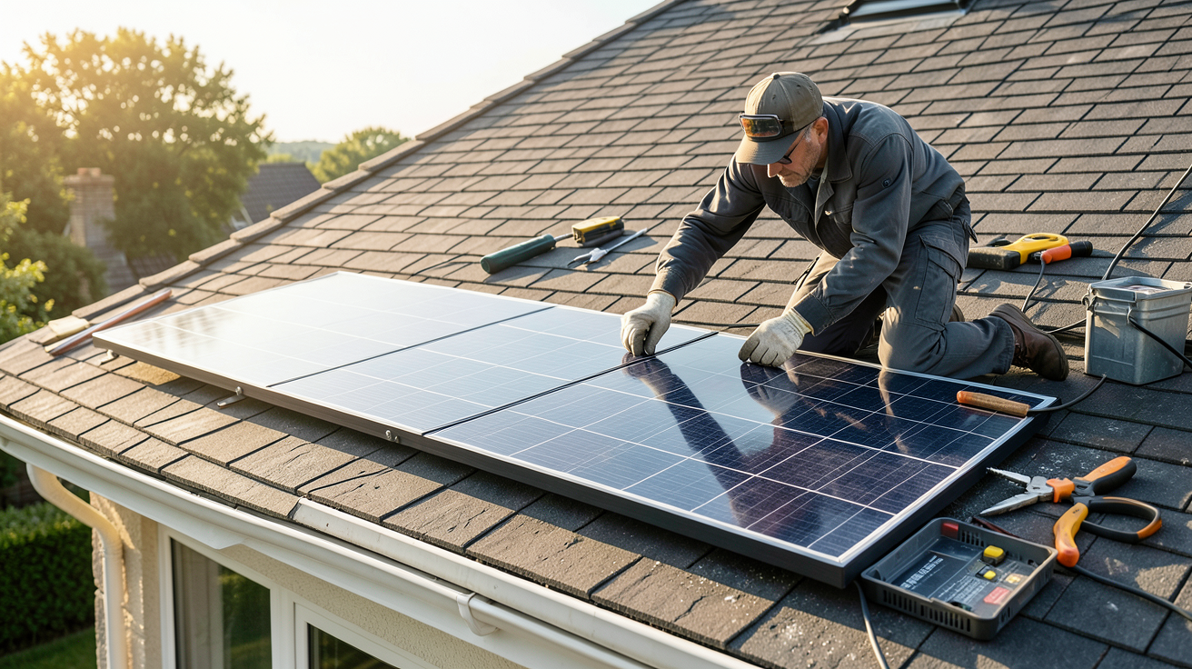 panneau solaire chauffe eau prix technicien installant un panneau solaire thermique sur un toit résidentiel