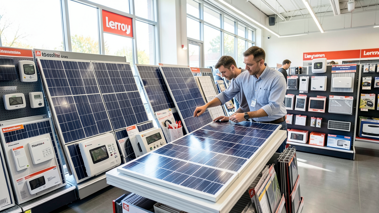 panneau solaire chez Leroy Merlin : client examinant un kit solaire complet exposé en magasin