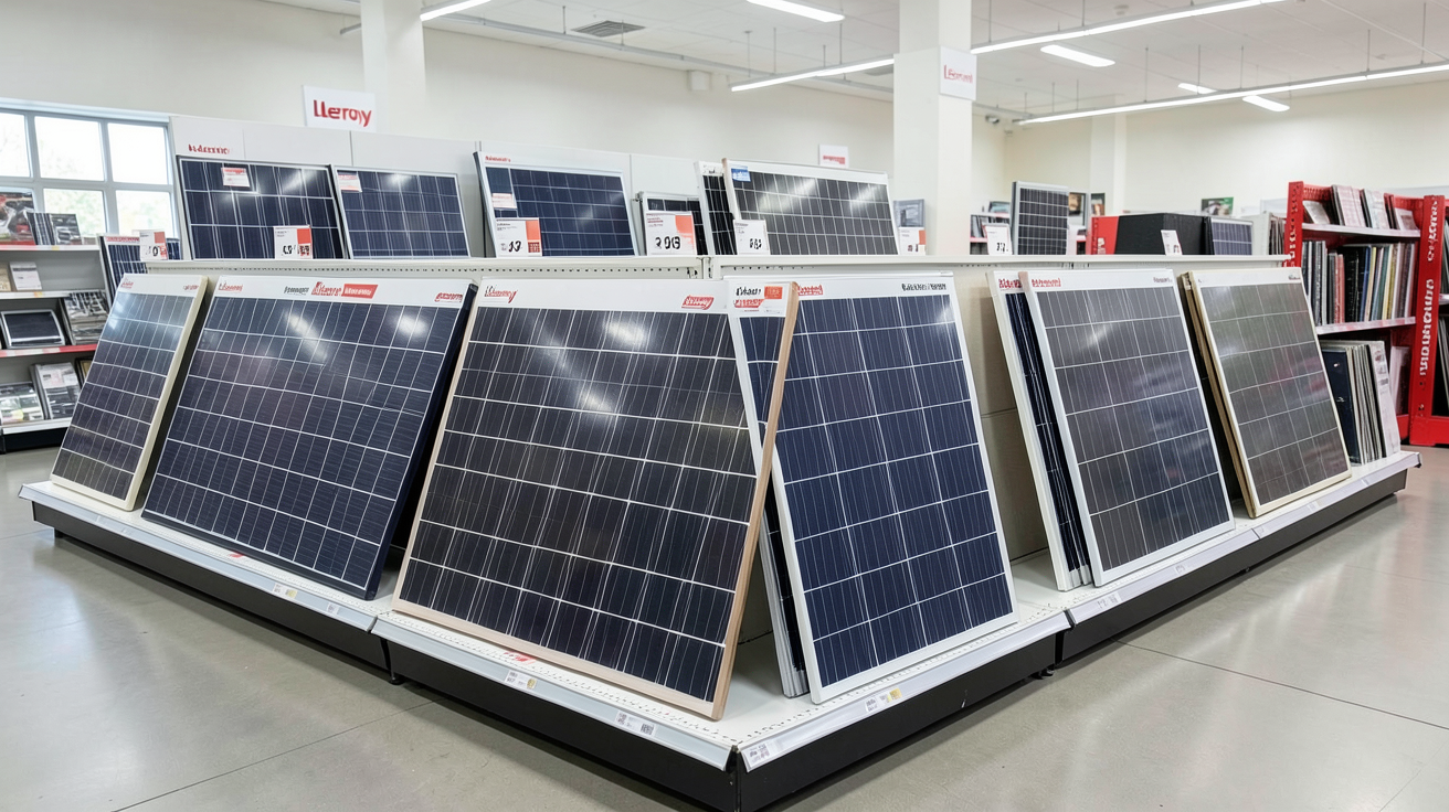 panneau solaire chez Leroy Merlin présentant différents types de panneaux solaires en magasin