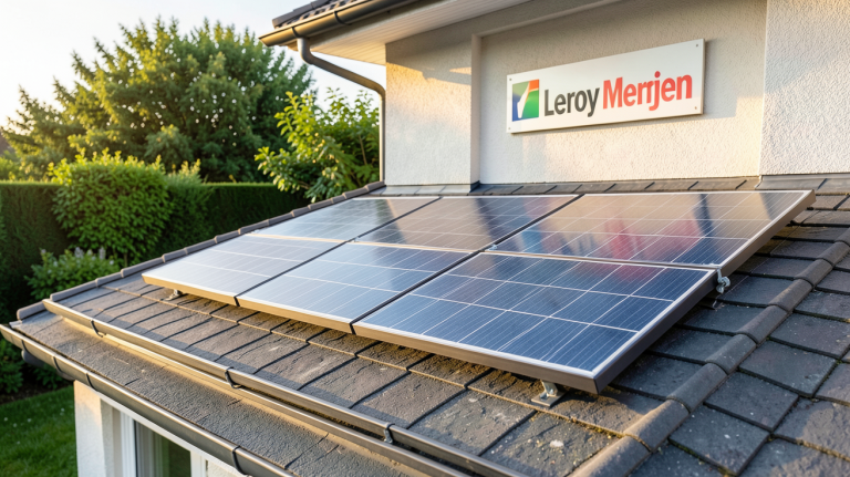 panneau solaire chez Leroy Merlin installé sur le toit d'une maison avec l'enseigne du magasin en arrière-plan